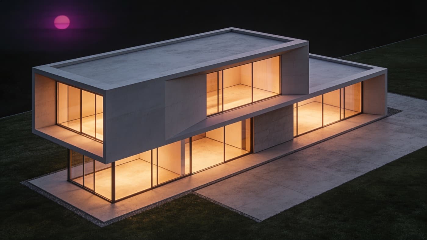 A modern home lit against a dark background.